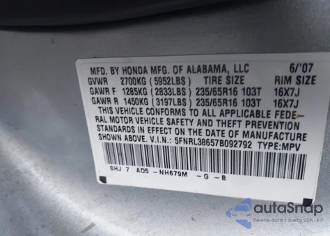 2007 Honda Odyssey Ex-L z USA, uszkodzony, nr VIN 5FNRL38657B092792